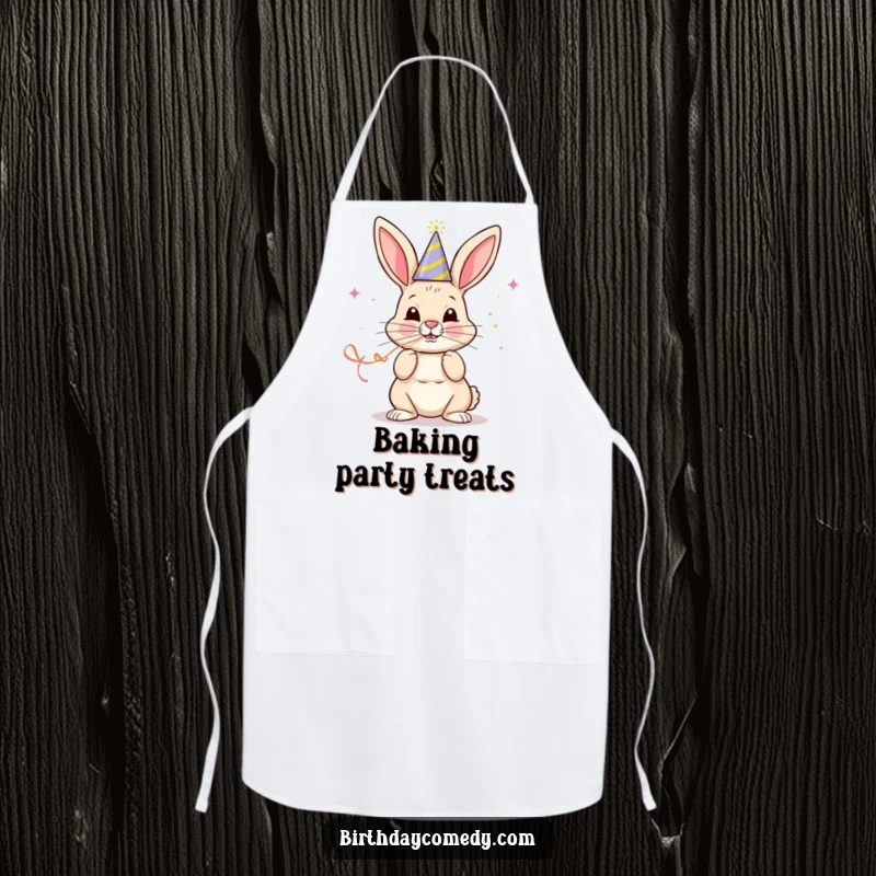 Funny apron with a cheerful bunny in a party hat blowing a streamer with determined focus, ready for festive cooking.