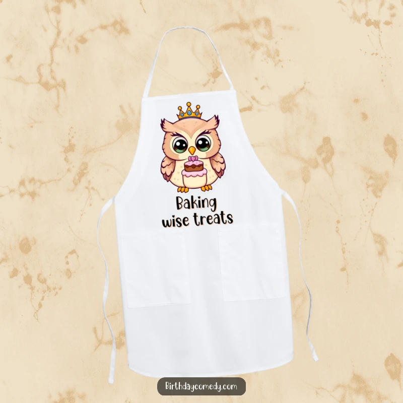 Funny owl apron, a cheerful owl wearing a crown and holding a cake, a whimsical and practical kitchen accessory.