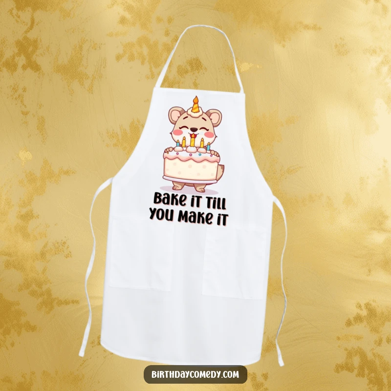 Funny apron showing a stylized animal gleefully presenting a massive, frosted birthday cake, perfect for cooking.