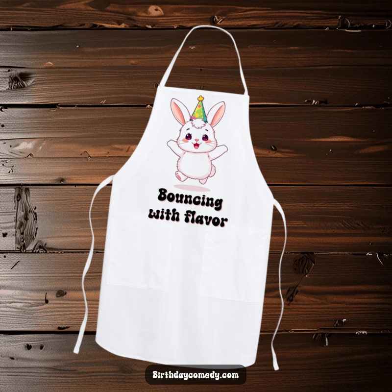 Funny bunny apron, a fluffy creature wearing a party hat, joyfully bouncing, ready to assist in the kitchen.