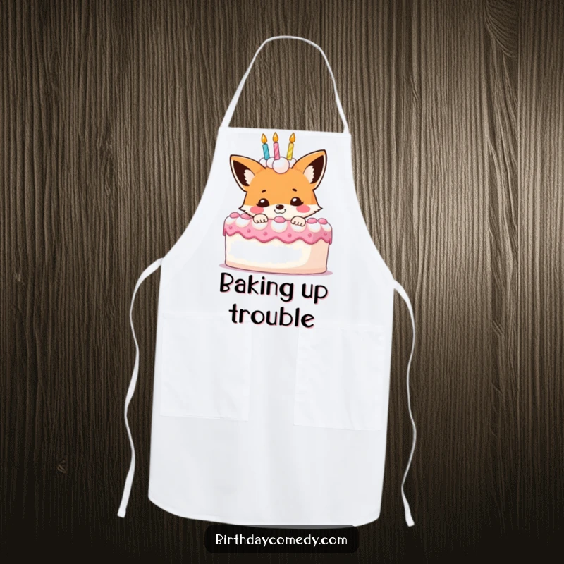 Funny fox apron, a smiling character peeking from behind a giant birthday cake, ready for culinary fun.