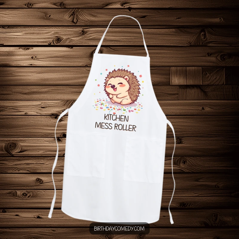Funny hedgehog apron depicting a giggling hedgehog rolling across a confetti-strewn floor, great for kitchen fun.