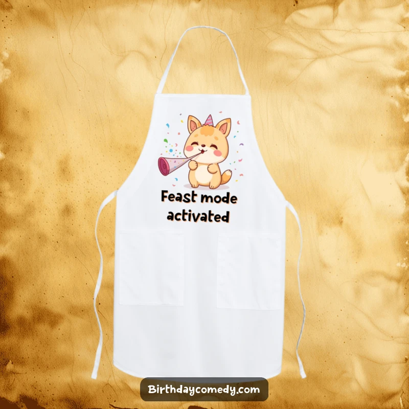 Funny apron featuring a kawaii character joyfully blowing confetti from a party horn, perfect for adding fun and celebration to cooking.