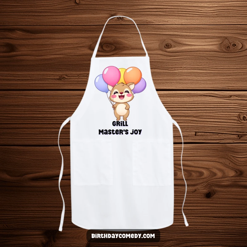 Funny apron with a happy animal beaming while holding a cluster of colorful balloons, ideal for cooking.