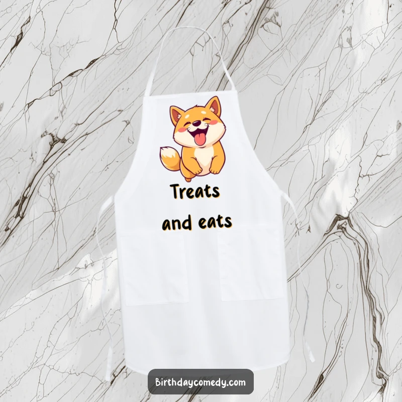 Funny Shiba Inu apron depicting a joyful dog with tongue sticking out, leaping energetically for a virtual treat.