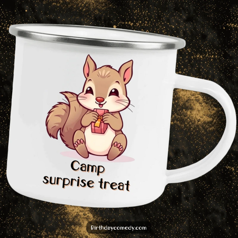 Funny camping mug featuring a playful squirrel unwrapping a present, durable for outdoor use with festive and humorous appeal.