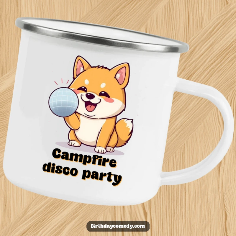 Funny Shiba Inu camping mug showing a Shiba Inu batting at a disco ball, bringing playful vibes to the outdoors.