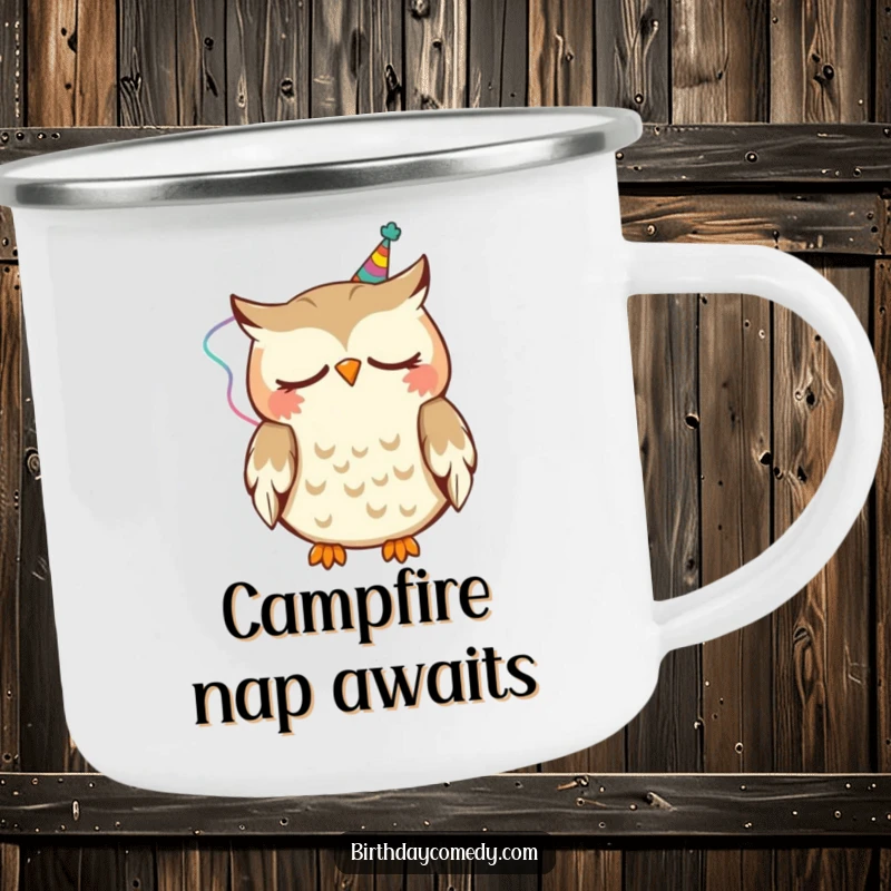 Funny Camping Mug featuring a sleepy owl wearing a party streamer, happily nodding, ideal for outdoor beverages.