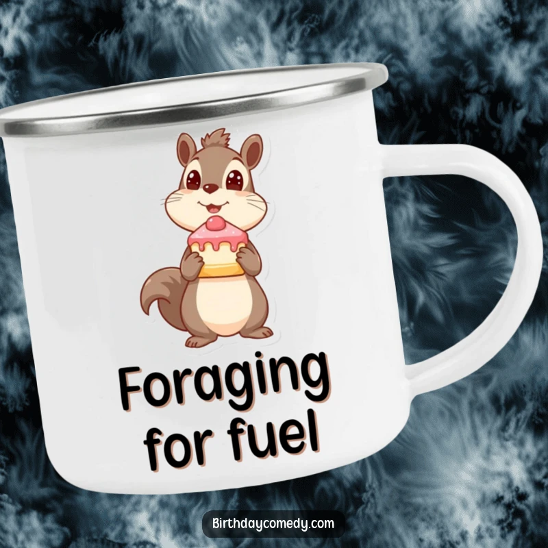 Funny squirrel camping mug, holding cake slice, looking up expectantly, for outdoor use, perfect funny gift.