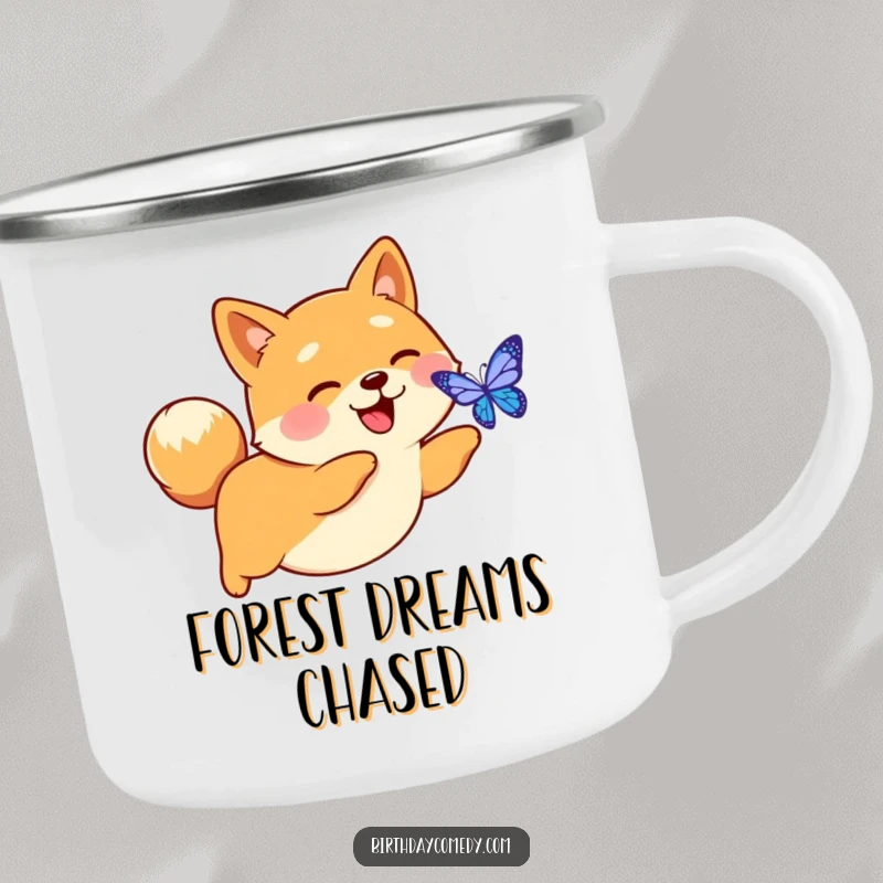 Funny camping mug illustration of a happy Shiba Inu with a perky tail, chasing a glowing digital butterfly.