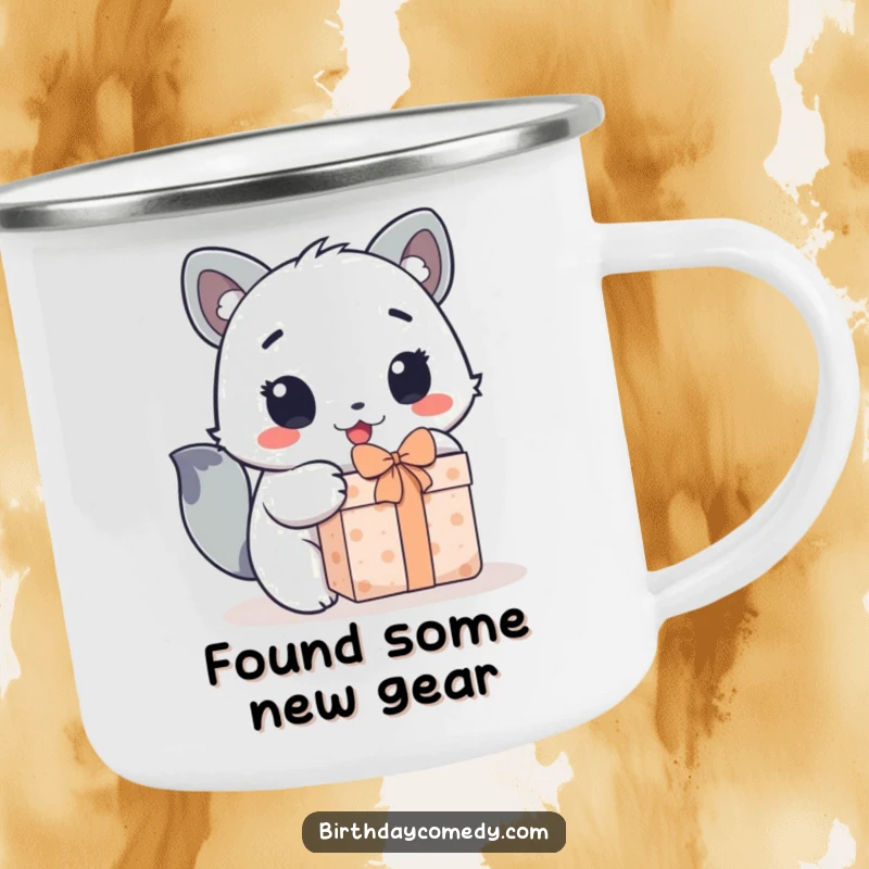 Funny camping mug with a cute animal character's wide, excited eyes as it enthusiastically unwraps a gift.
