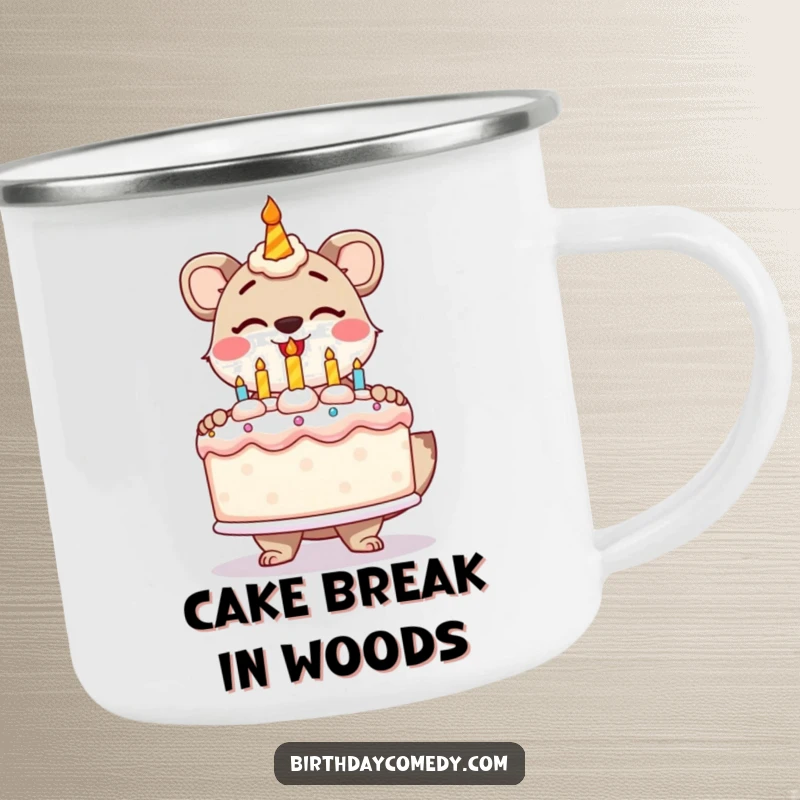 Funny camping mug featuring a stylized animal gleefully presenting a giant, frosted birthday cake, for adventures.