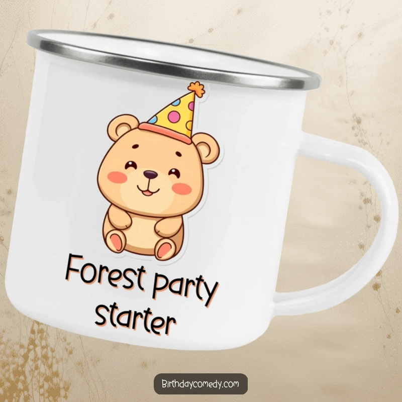 Funny bear camping mug featuring a smiling bear with an oversized party hat, designed for outdoor humor.