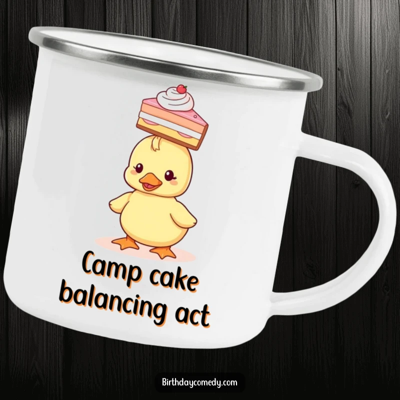 Funny Camping Mug featuring a tiny duckling balancing a slice of cake on its head, ideal for outdoor beverages.