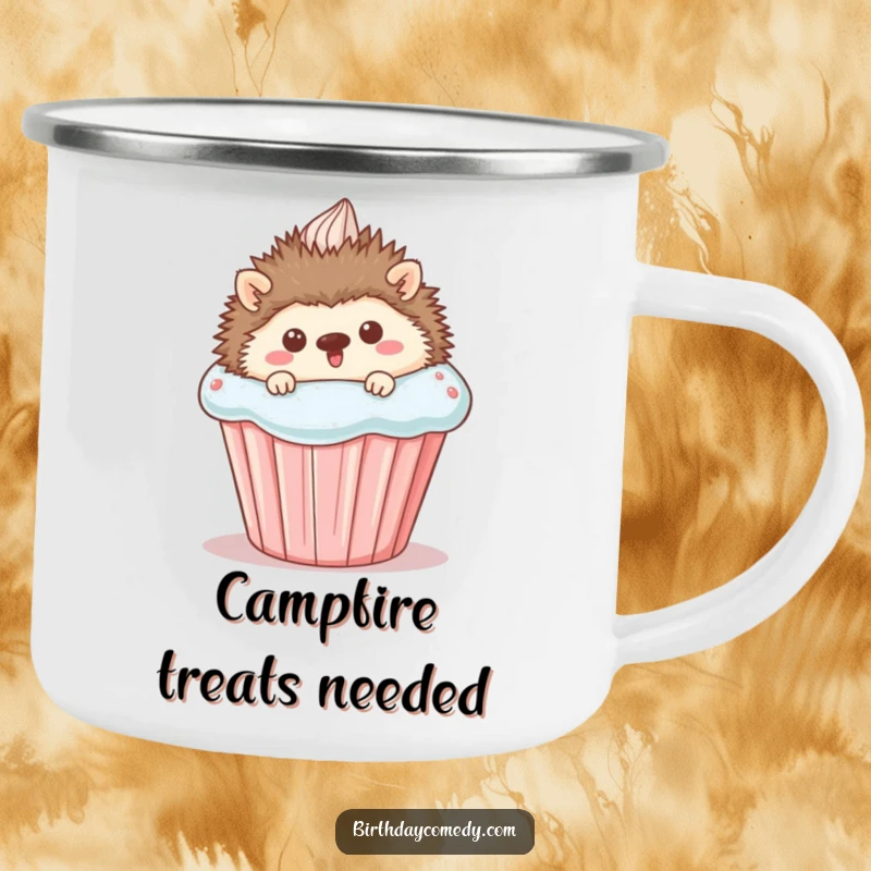 Funny Camping Mug featuring a happy hedgehog peeking from behind a giant cupcake, designed for outdoor enjoyment with a sweet and humorous twist.