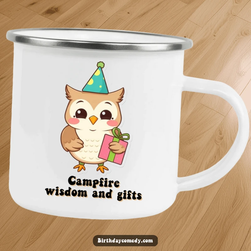 Funny owl camping mug, birthday themes, holding a present, for outdoor use, perfect funny gift.