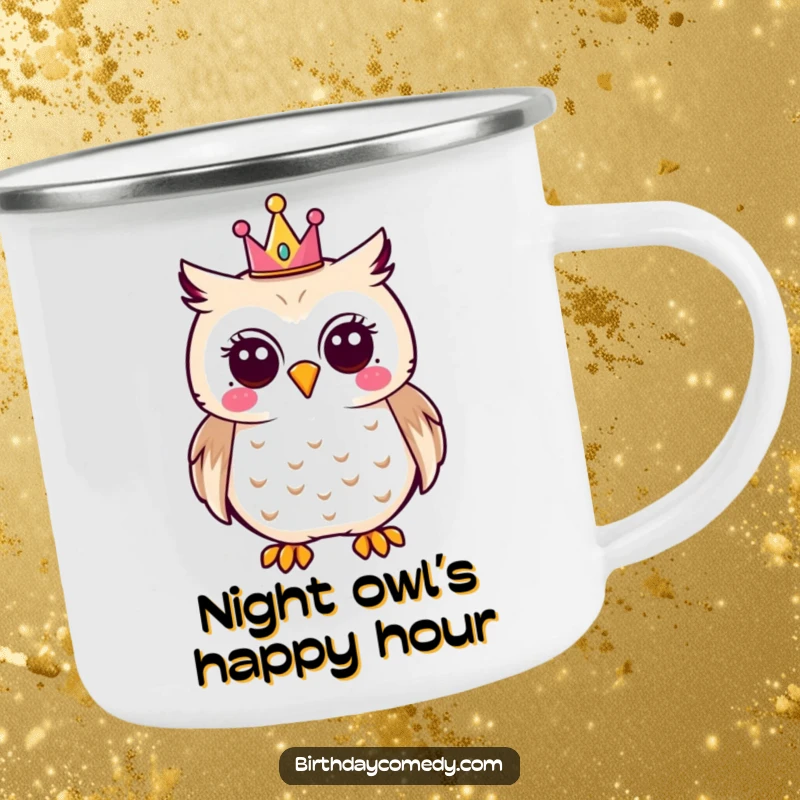 Funny owl camping mug featuring a joyful owl with a little party crown, designed for outdoor humor.