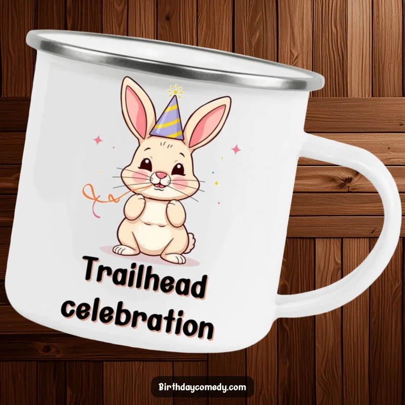 Funny camping mug with a cheerful bunny in a party hat blowing a streamer with determined focus, ready for celebration.