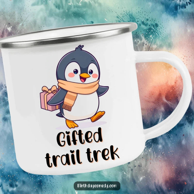 Funny penguin camping mug, wearing a scarf, waddling with a gift, perfect for cheerful outdoor sipping.