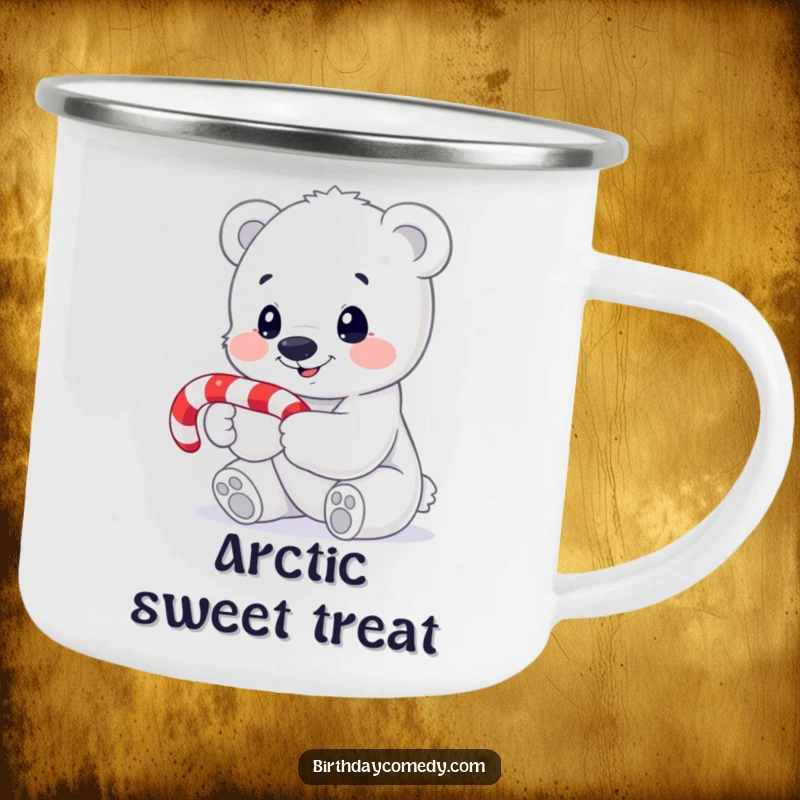 Funny polar bear cub camping mug, holding a candy cane, looking curious and ready for winter exploration, durable and fun.