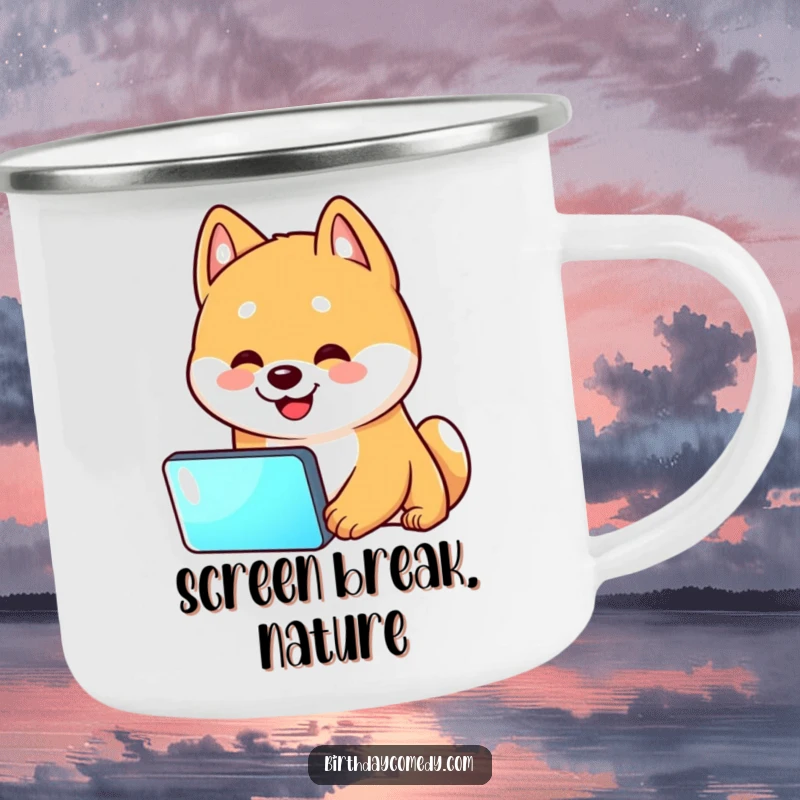 Funny Shiba Inu camping mug, featuring a Shiba Inu's head tilt while viewing a screen, for outdoor humor.