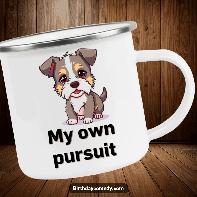 Funny terrier camping mug featuring a silly dog with a mischievous glint, hilariously chasing its own shadow around a campfire.