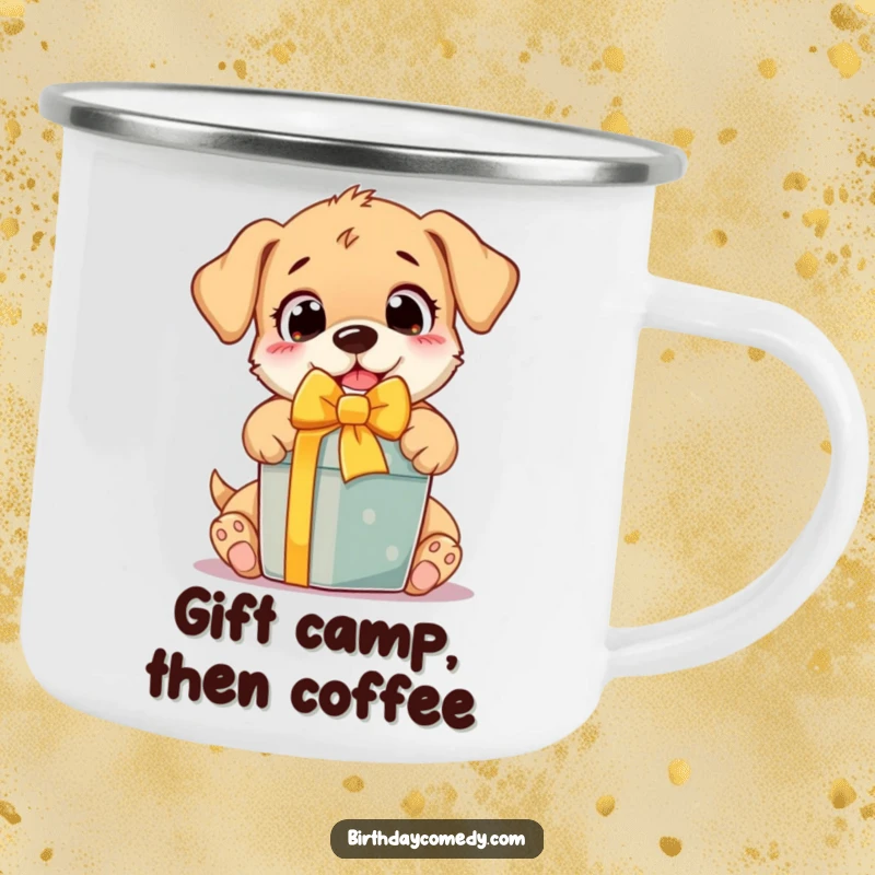 Funny Camping Mug featuring an excited puppy with wide eyes, joyfully unwrapping a present, ideal for outdoor beverages.