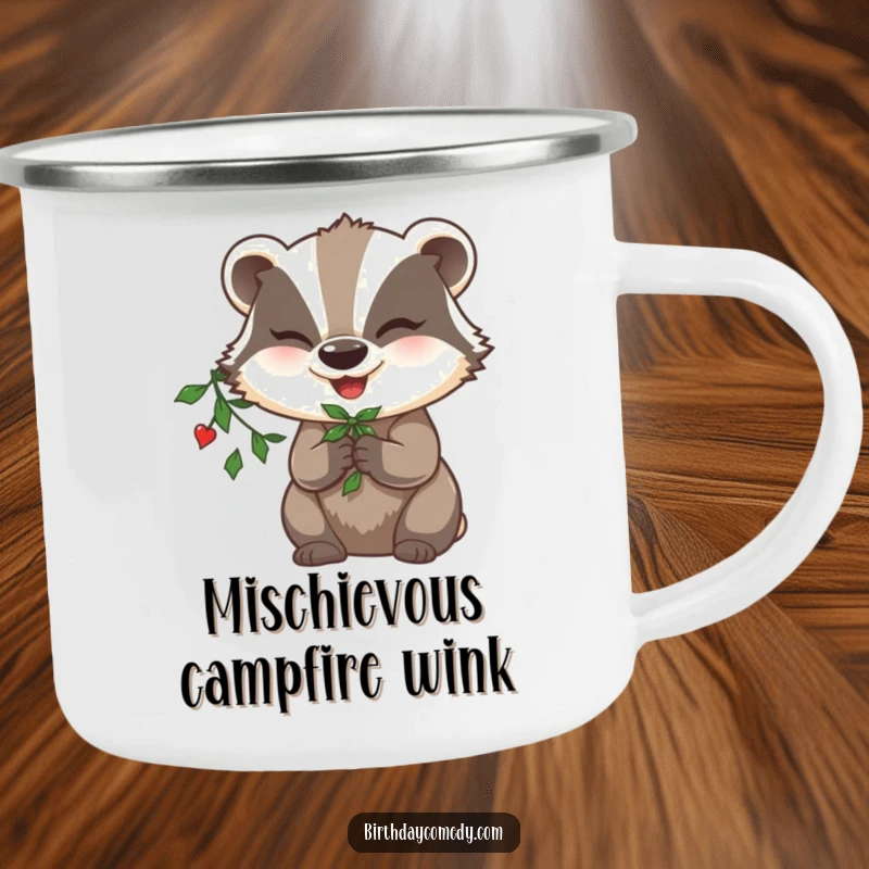Funny badger camping mug, holding mistletoe, winking playfully, perfect for cheerful outdoor sipping.