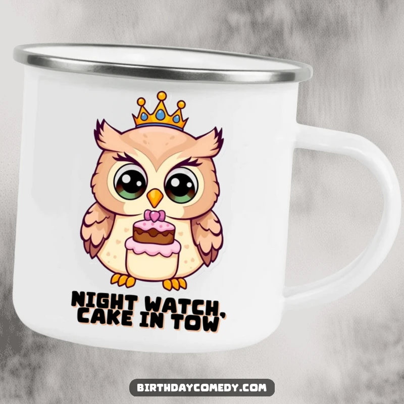 Funny owl camping mug, a cheerful owl with a birthday crown and cake, ideal for outdoor adventures and bringing smiles.
