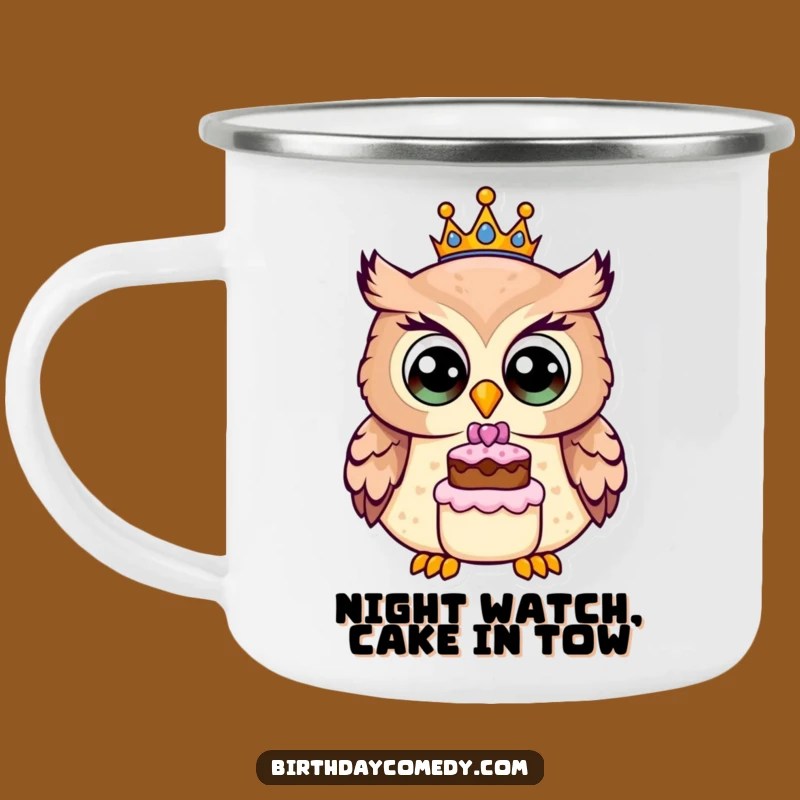 Funny Owl Birthday Crown Camping Mug: Adventure Fuelled by Hilarious Celebration Vibes