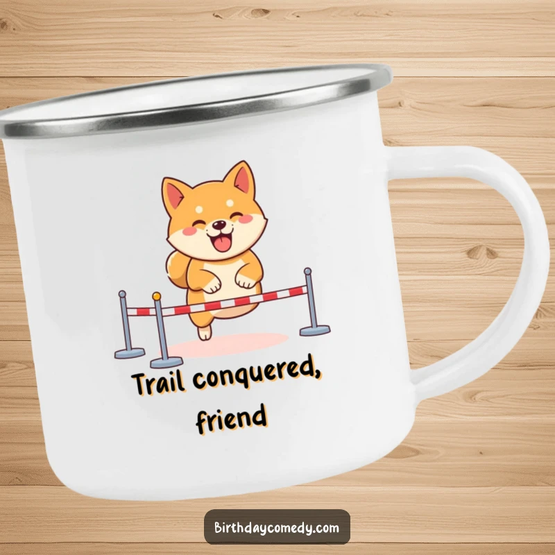 Funny Shiba Inu gamer camping mug, determined virtual obstacle course, outdoor gaming drinkware, durable adventure mug, focused player gear.
