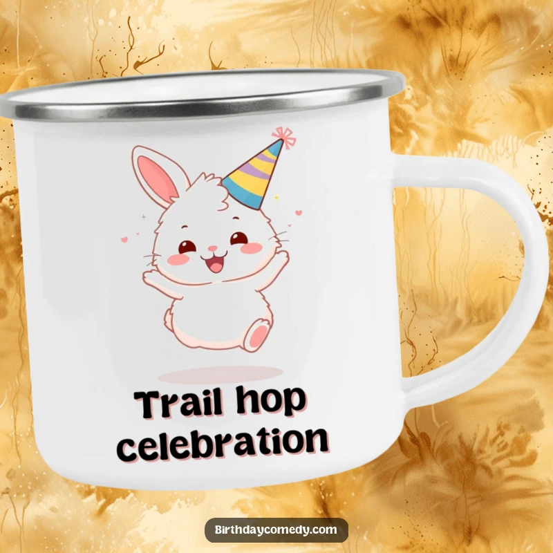 Funny camping mug with a fluffy bunny wearing a party hat, bouncing gleefully.