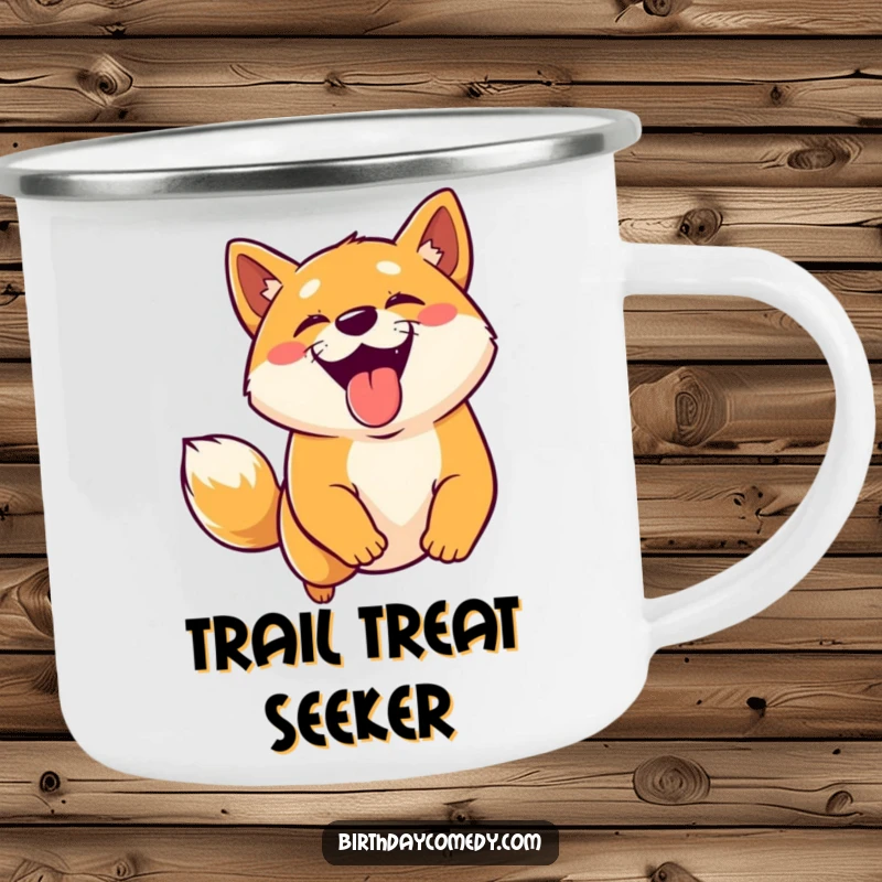 Funny Shiba Inu camping mug showing a joyful dog with tongue out, leaping for a virtual treat, ready for adventure.