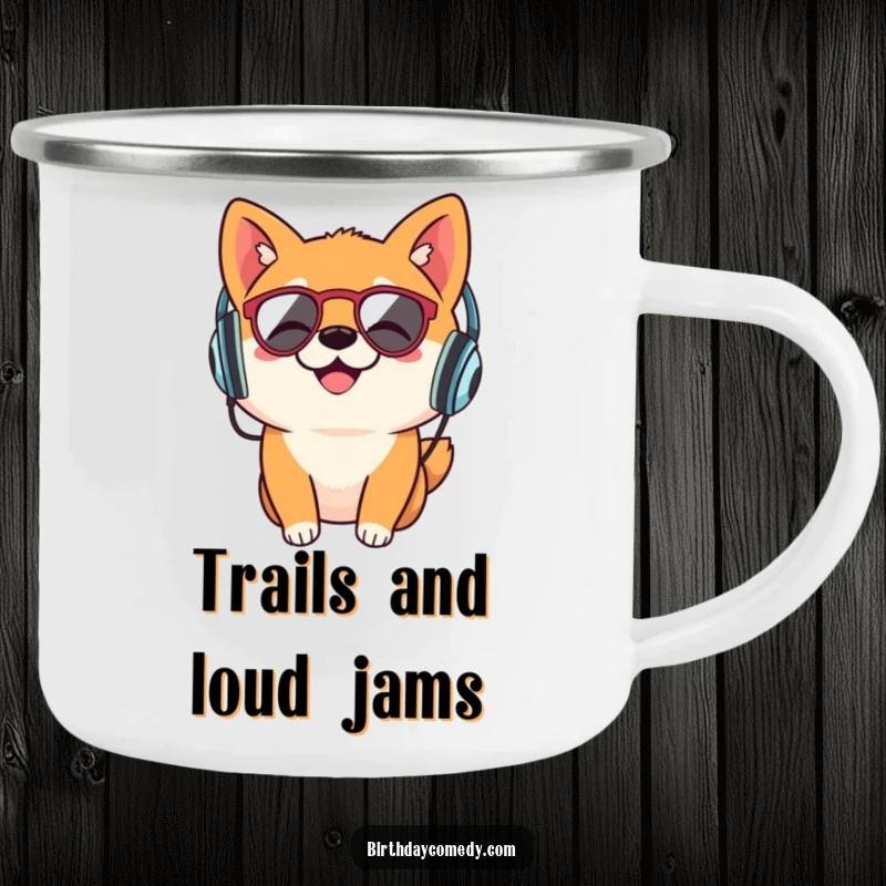 Funny Shiba Inu camping mug, retro headphones, outdoor music lover, durable enamel cup, dog adventure gear.