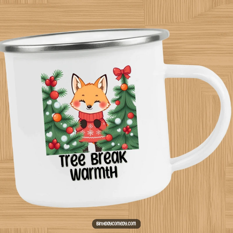 Funny fox camping mug, wearing a festive jumper, peeking from behind a tree, perfect for cheerful outdoor sipping.