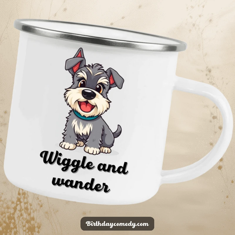 Funny schnauzer camping mug showing a dog with an excited wiggle, ready for adventure, perfect for outdoor fun.
