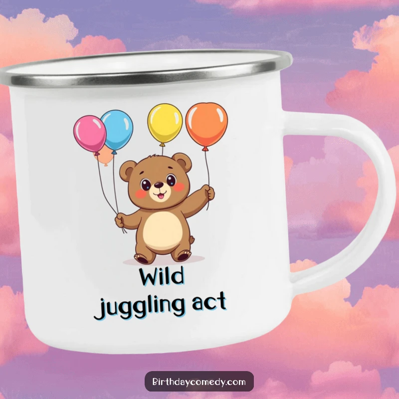 Funny bear camping mug, a cheerful character juggling balloons, designed for outdoor fun and durability.