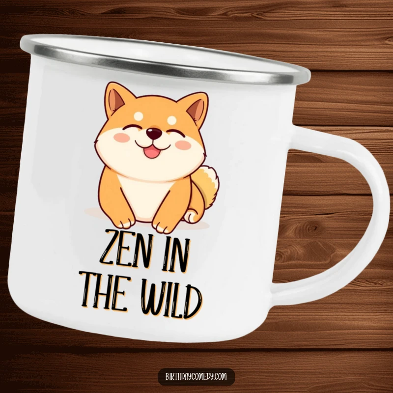 Funny Shiba Inu camping mug showing a content Shiba Inu with closed eyes, enjoying a virtual belly rub, for outdoor relaxation.