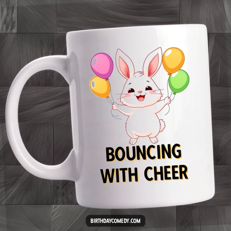 Funny mug with a fluffy bunny character joyfully juggling brightly colored balloons, radiating pure happiness and a playful spirit.