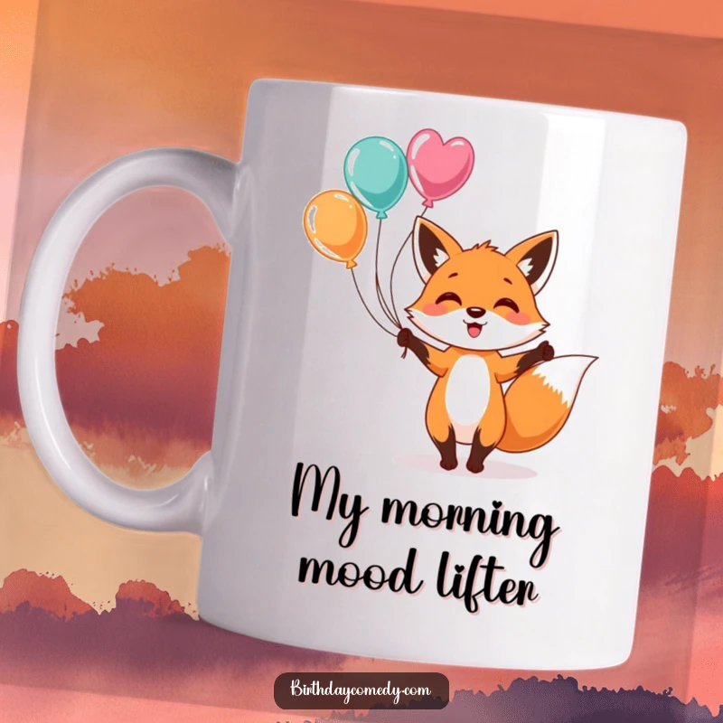 Funny Mug featuring a cheerful fox joyfully juggling an array of colorful balloons, showcasing a playful and energetic personality.