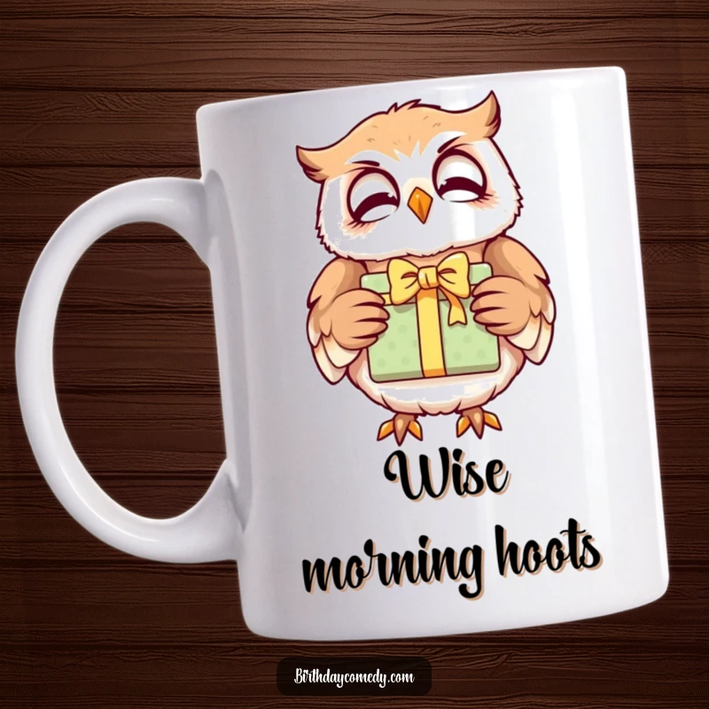 Funny owl mug, a giggling character holding a brightly wrapped gift with its wings, looking wise and merry.