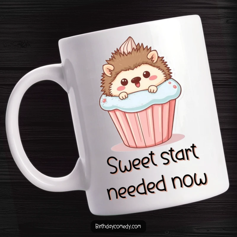 Funny Mug: A happy hedgehog curiously peeking out from behind a massive, colorful cupcake, showcasing a sweet and playful personality.