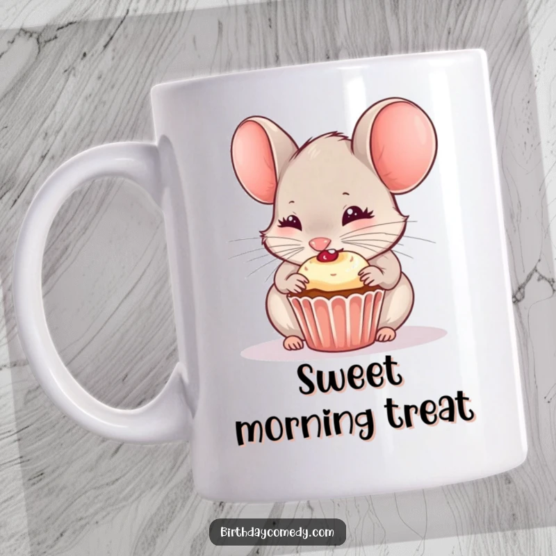 Funny mug showing a curious mouse gleefully nibbling on a miniature cupcake with frosting.