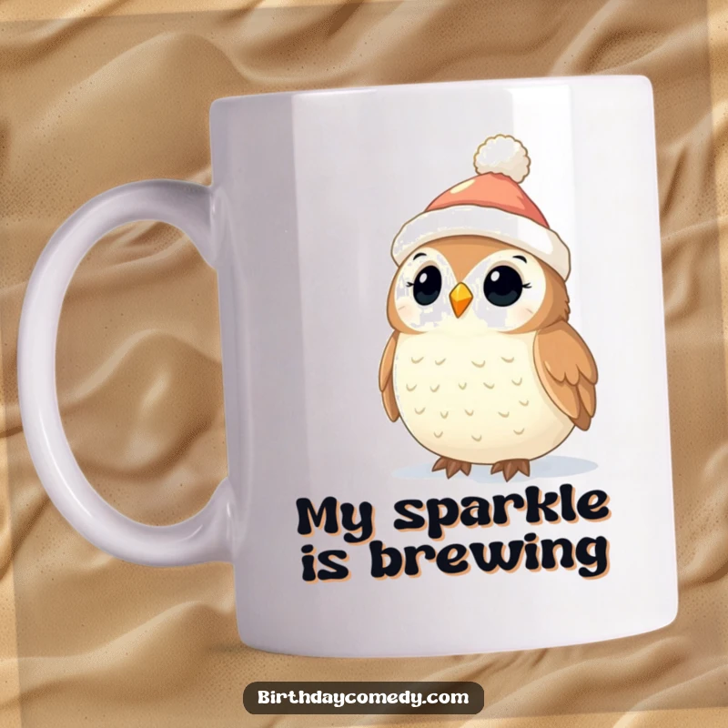Funny Owl Christmas Mug: Cute owl in stocking cap gazes up at twinkling lights, spreading holiday cheer and warmth.