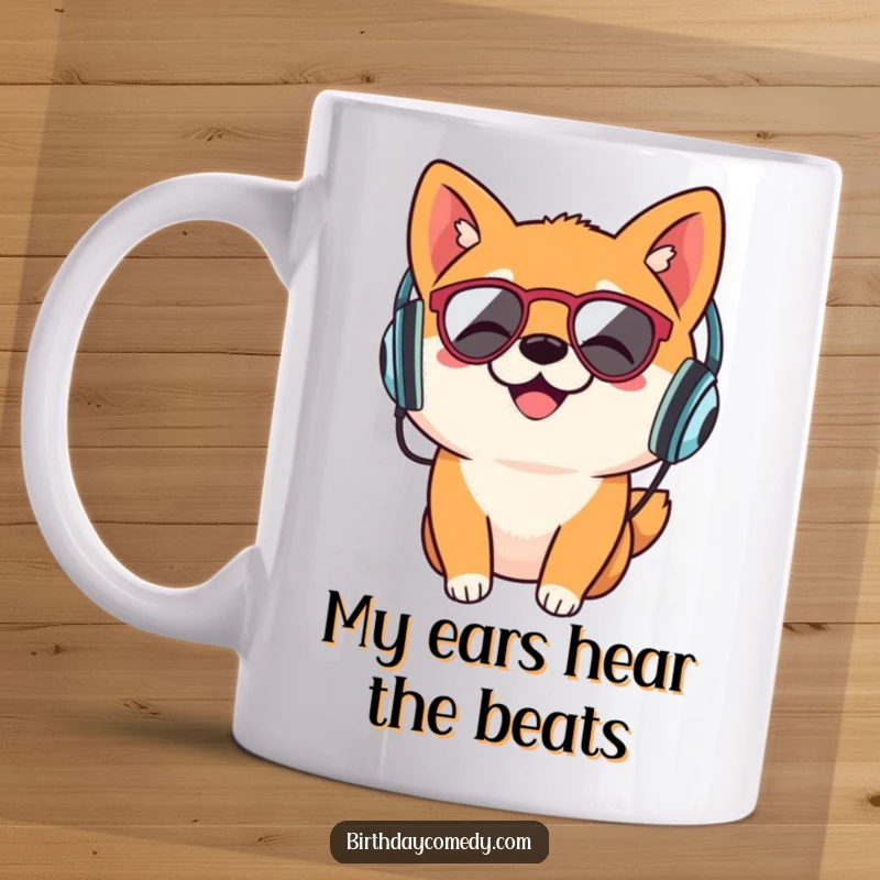 Funny Shiba Inu mug, retro headphones, bobbing head to music, DJ dog, cute and cool canine enthusiast gift.