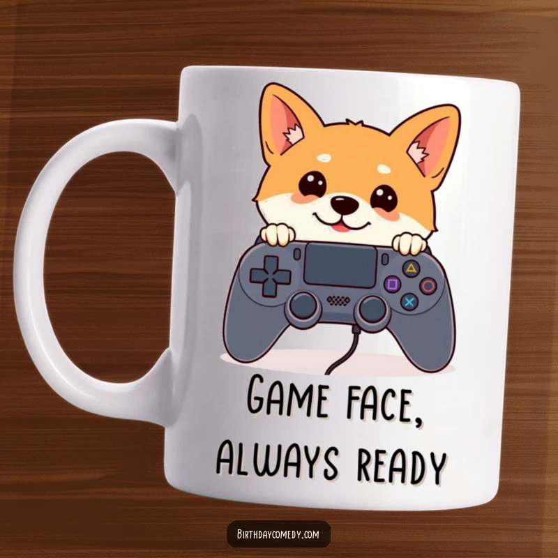 Funny Shiba Inu mug with alert ears peeking from behind a giant game controller, showing off gaming curiosity.
