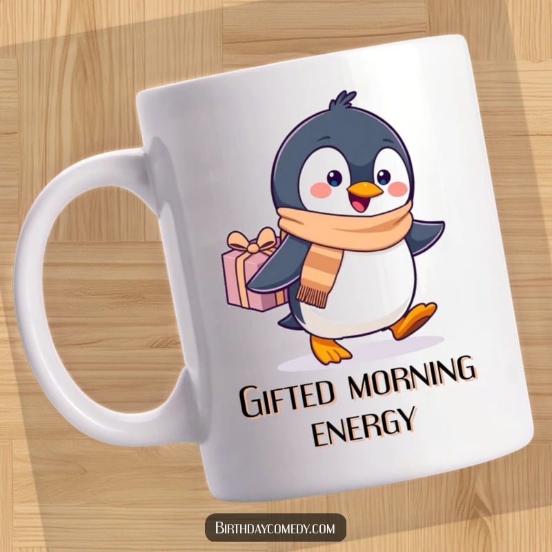 Funny penguin mug, wearing a scarf, waddling happily with a gift, spreading holiday cheer and joy.