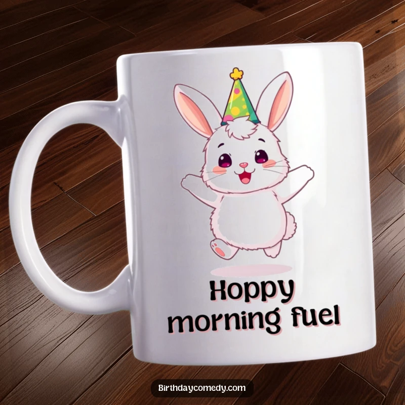 Funny bunny mug with a party hat bouncing in pure joy and excitement, radiating happiness and fun.