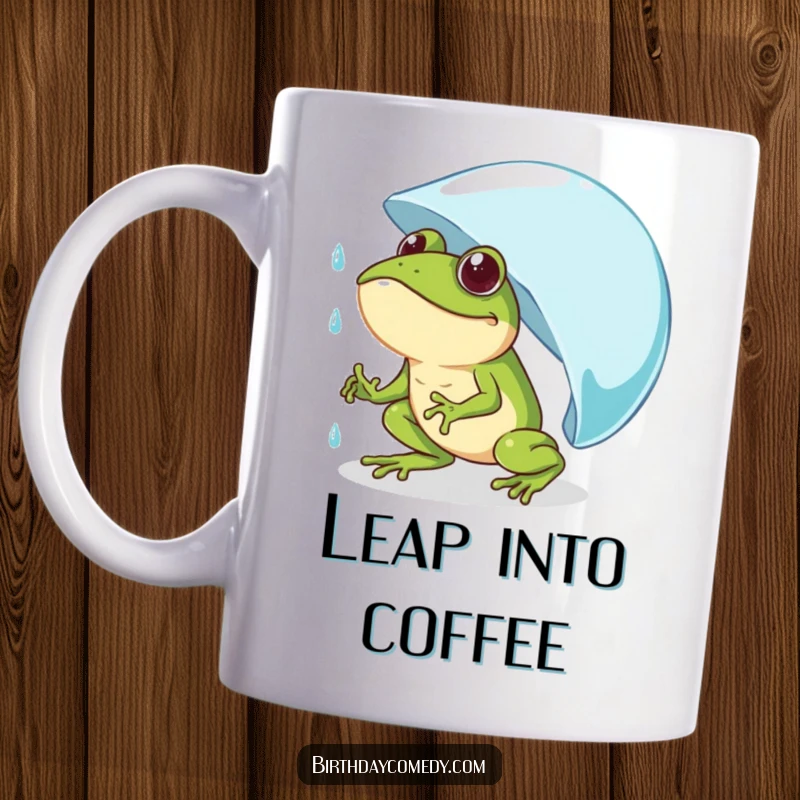 Funny frog mug showing a determined frog comically pushing a giant raindrop uphill with a strong, funny expression.