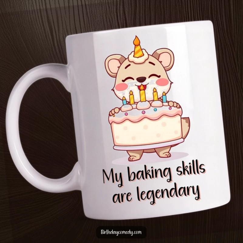 Funny mug featuring a stylized animal gleefully offering a huge, frosted birthday cake, perfect for celebrations.